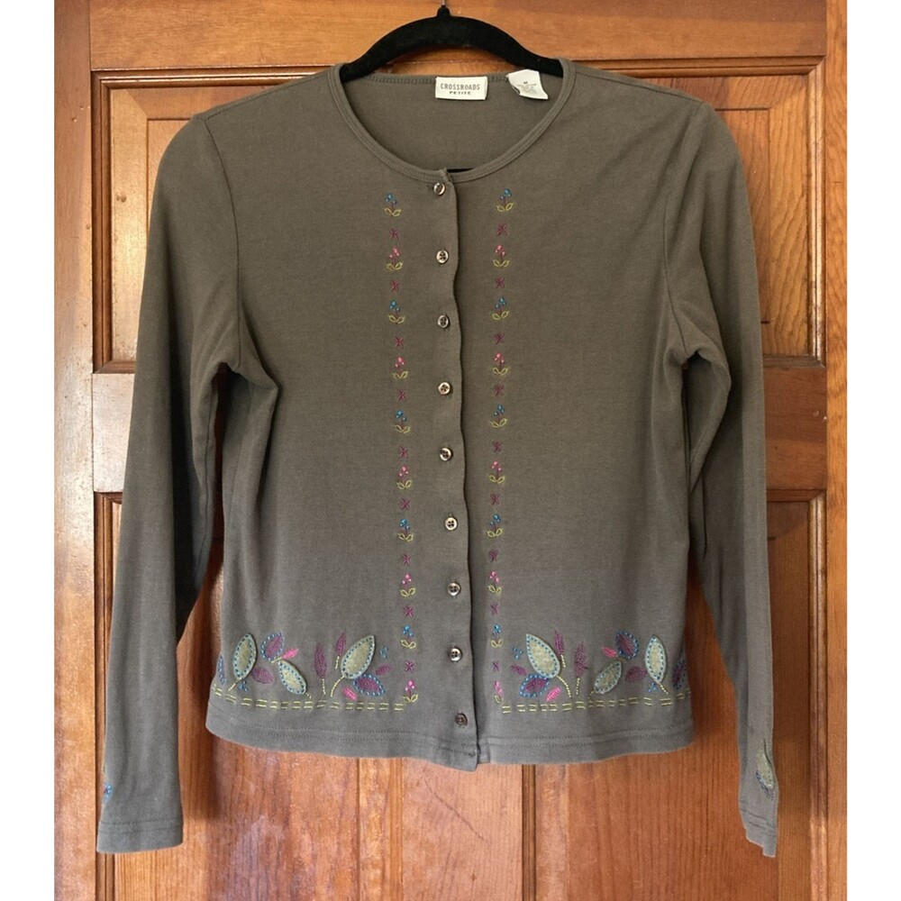 Crossroads Womens‎ Petite M Brown Cotton Embroidered Cardigan Cottagecore Fall